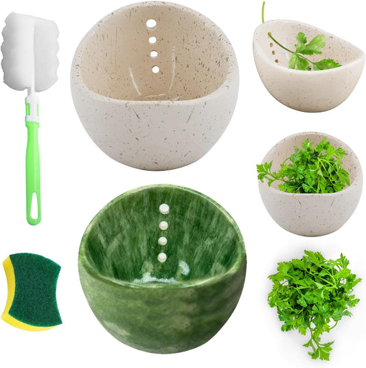 2pcs Pottery Herb Stripper Bowl (Green+White),Handmade Ceramic Herb Stripper with Different Sizes of Round Holes,Kitchenware for Efficient Leaf Stripping