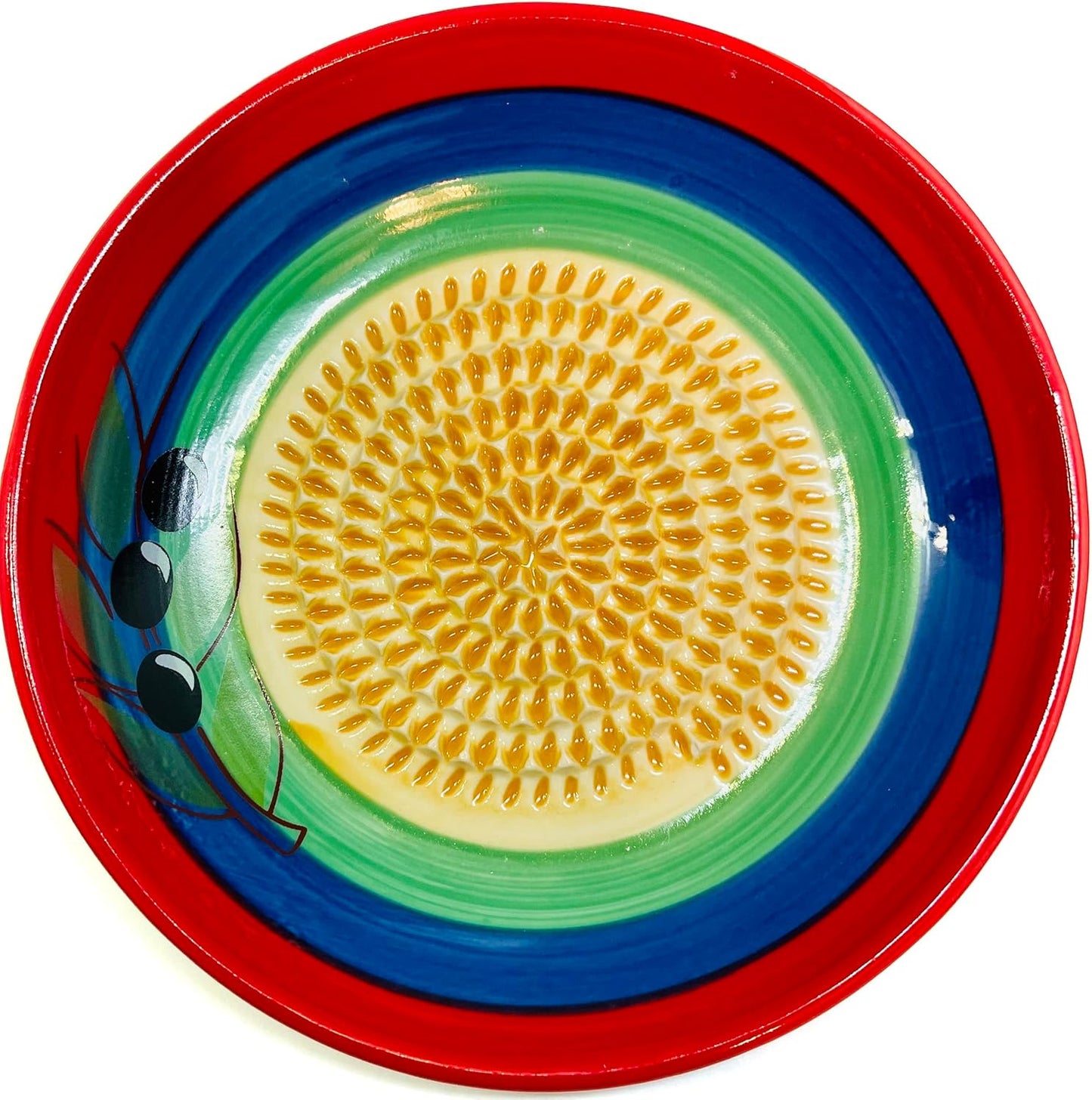 BonCera, All-in-one Premium Ceramic Garlic Grater Plate 4-Piece Set - Multicolor Olive Design - For Garlic, Ginger, Chocolate, and more! - Comes with 5.25" Plate, Peeler, Brush, and Stand