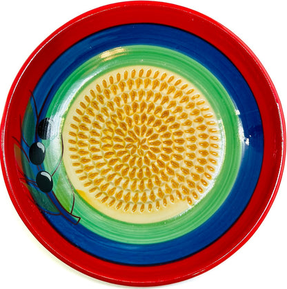 BonCera, All-in-one Premium Ceramic Garlic Grater Plate 4-Piece Set - Multicolor Olive Design - For Garlic, Ginger, Chocolate, and more! - Comes with 5.25" Plate, Peeler, Brush, and Stand