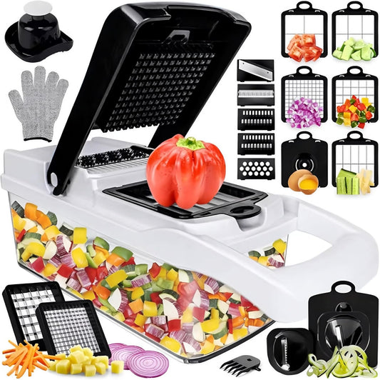 25-in-1 Vegetable Chopper, Onion Dicer, Food Slicer & Spiralizer with Container, Stainless Steel Blades, BPA-Free Multi-Function Kitchen Cutter for Meal Prep