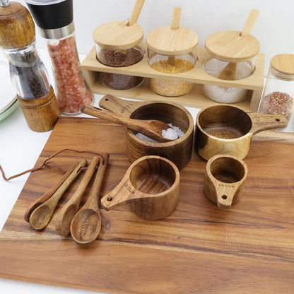 10pcs Wood Measuring Cups and Measuring Spoons Set Handcrafted Natural Wood Tablespoon Kitchen Utensils Wooden Measuring Cups and Spoons Set for Dry Ingredients Cooking Baking