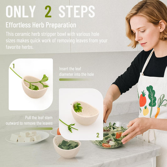 Pottery Herb Stripper Bowl - Small Herb Stripping Bowl with 4 Different Hole Sizes for Separating Leaves and Stems – Handmade Kitchen Tool, White