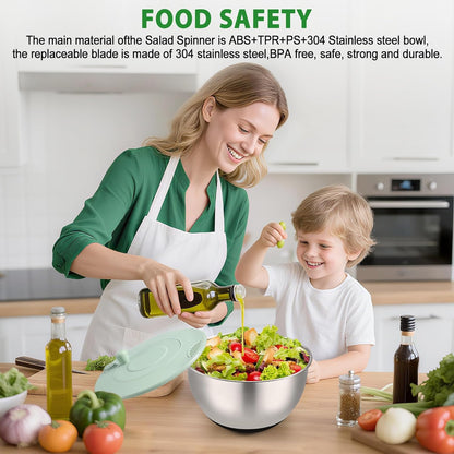 Salad Spinner Stainless Steel, 5.3 Qt Large Vegetables & Fruits Wash Bowl, Lettuce Washer Spinne with 5 Blade Slicer Egg Yolk Strainer, Lettuce Spinner with Stop Button Drain Spout for 2-3 Servings