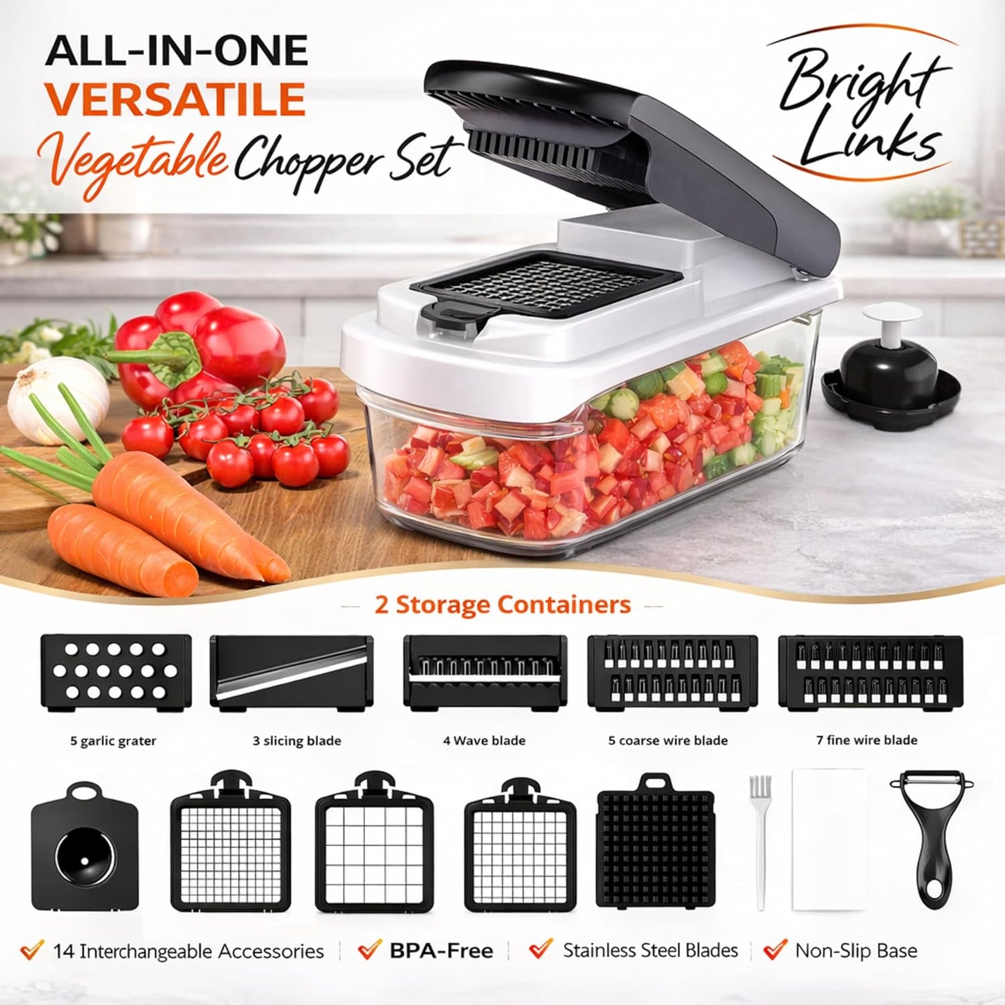 12-in-1 Vegetable Chopper with Container – Mandoline Slicer, Onion Chopper, Food Chopper, Cheese Grater & French Fry Cutter – Multifunctional Kitchen Gadget with 8 Blades, Egg Separator & Peeler