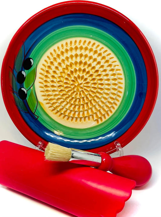 BonCera, All-in-one Premium Ceramic Garlic Grater Plate 4-Piece Set - Multicolor Olive Design - For Garlic, Ginger, Chocolate, and more! - Comes with 5.25" Plate, Peeler, Brush, and Stand