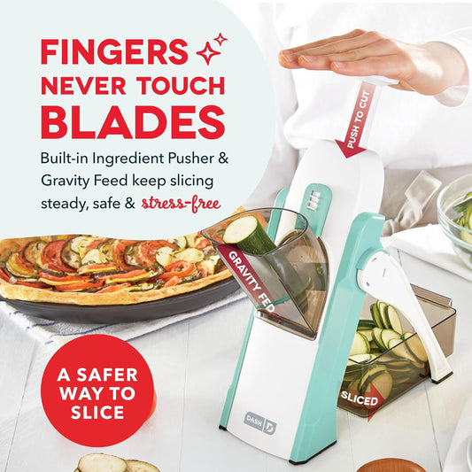 Dash Safe Slice® Mandoline - Compact, Foldable Food Slicer - Slice, Dice, Julienne & More - Perfect for Quick Food Prep - Recipe Guide Included - Aqua