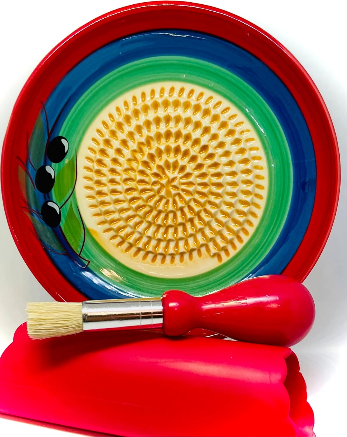 BonCera, All-in-one Premium Ceramic Garlic Grater Plate 4-Piece Set - Multicolor Olive Design - For Garlic, Ginger, Chocolate, and more! - Comes with 5.25" Plate, Peeler, Brush, and Stand