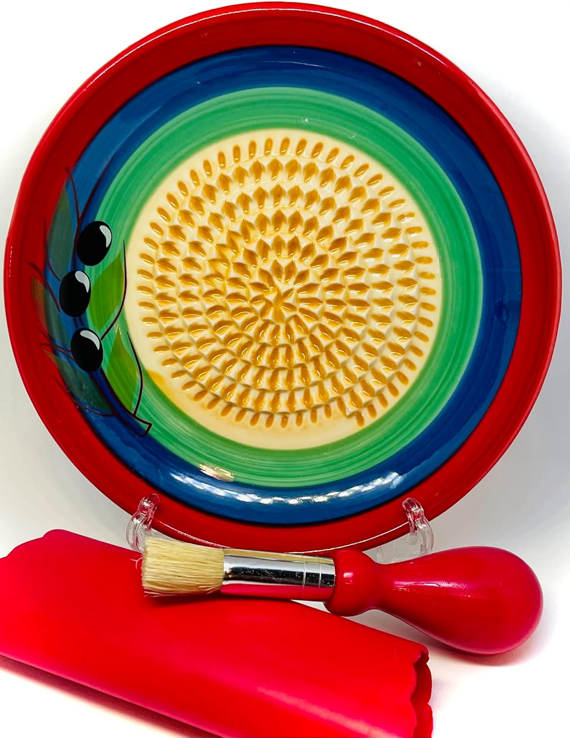 BonCera, All-in-one Premium Ceramic Garlic Grater Plate 4-Piece Set - Multicolor Olive Design - For Garlic, Ginger, Chocolate, and more! - Comes with 5.25" Plate, Peeler, Brush, and Stand