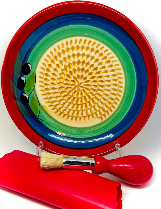 BonCera, All-in-one Premium Ceramic Garlic Grater Plate 4-Piece Set - Multicolor Olive Design - For Garlic, Ginger, Chocolate, and more! - Comes with 5.25" Plate, Peeler, Brush, and Stand