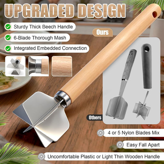 304 Stainless Steel Meat Chopper,Food Grade 6-Blade Ground Beef Chopper Potato Masher Hamburger Smasher Tool for Kitchen Cooking Vegetable Puree 11''