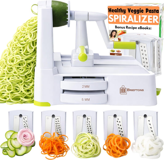 Brieftons 7-Blade Vegetable Spiralizer: Zucchini Spiral Slicer & Veggie Noodle Maker, Japanese Steel Blades, Catch Container, Strong Suction Cup, Blade Caddy, 4 eBooks | Low Carb, Vegan, Gluten-Free