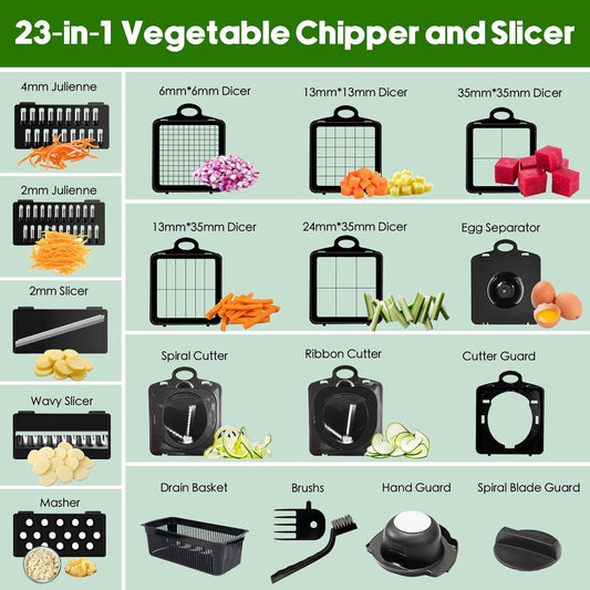 Vegetable Chopper, 10 Blades Slicer Onion Dicer, Multi 23-in-1 Veggie Mandoline Food Cutter for Tomato Fruit, Vegetable cutter with Hand Protector, Egg Separator & Slicer, Container（Black）