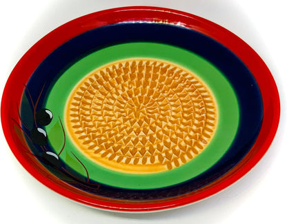 BonCera, All-in-one Premium Ceramic Garlic Grater Plate 4-Piece Set - Multicolor Olive Design - For Garlic, Ginger, Chocolate, and more! - Comes with 5.25" Plate, Peeler, Brush, and Stand