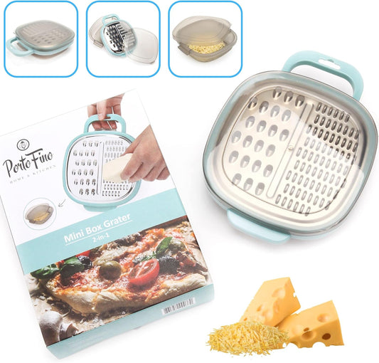 PortoFino Mini Box Grater with Handle, Cheese Grater with Container, 2 in 1 Design for Grating and Storage, Stainless Steel Food Grater with Plastic Storage Container, Dishwasher Safe, Small, Blue
