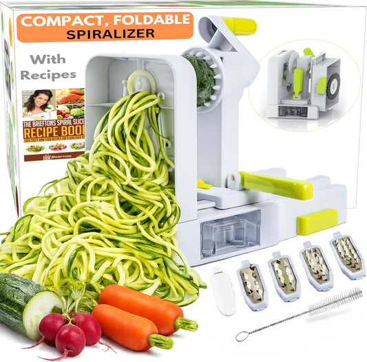 Brieftons QuickFold 5-Blade Spiralizer: Versatile & Compact Foldable Vegetable Spiral Slicer, Best Veggie Pasta Spaghetti Maker for Low Carb/Paleo/Gluten-Free with Brush & 4 Recipe Ebooks