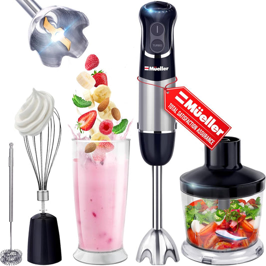 Mueller Multistick 5-in-1 Immersion Blender Handheld,12 Speed Hand Mixer-Turbo Boost,Heaviest Duty Copper Motor,Titanium reinforced Blades Hand Blender,Milk Frother Wand,Whisk,Beaker,Chopper,Grey