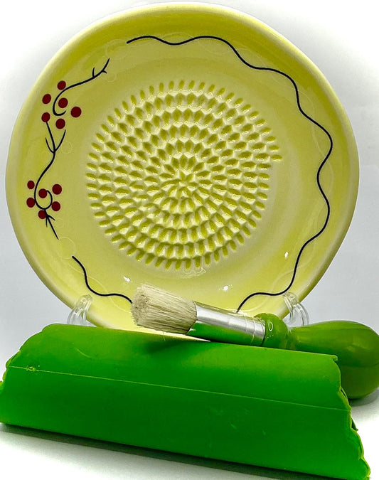 BonCera, All-in-one Premium Ceramic Garlic Grater Plate 4-Piece Set - Cherry Line on Ivory Design - For Garlic, Ginger, Chocolate, and more! - Comes with 5" Plate, Peeler, Brush, and Stand