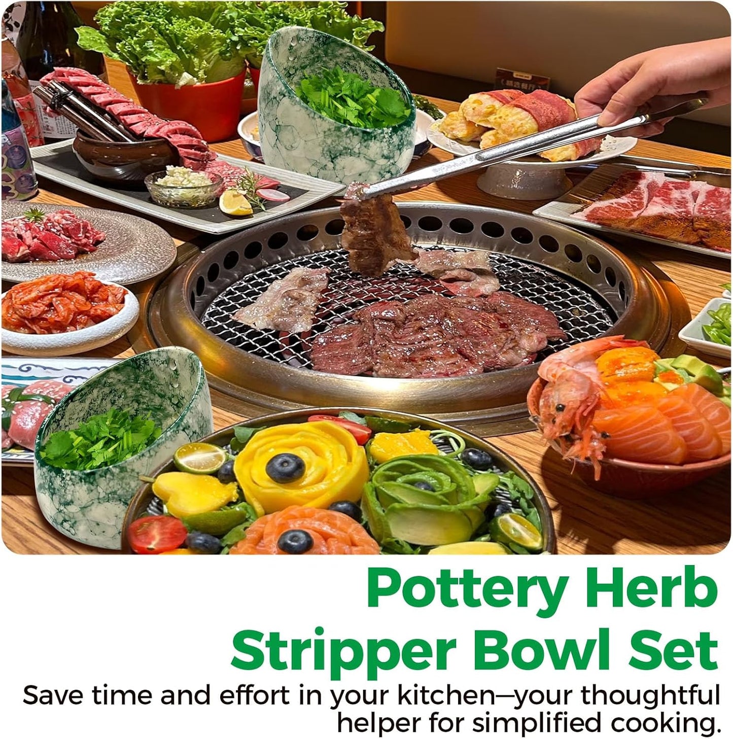 Pottery Herb Stripper Bowl Set – 2 Piece, Including 5-Blade Stainless Steel Herb Cutter Scissors, Herb Stripping Tool & Handmade Pottery Herb Stripper Bowl, For Stripping Leaves and Rhizomes (White)