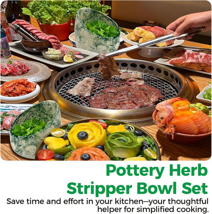 Pottery Herb Stripper Bowl Set – 2 Piece, Including 5-Blade Stainless Steel Herb Cutter Scissors, Herb Stripping Tool & Handmade Pottery Herb Stripper Bowl, For Stripping Leaves and Rhizomes (White)